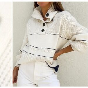 Commense New England Nautical 1/4 Button Sweater Preppy Ivory Oversized S Knit